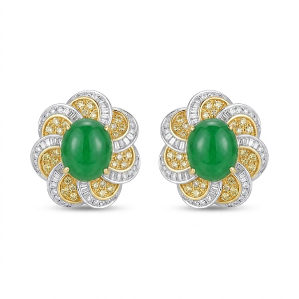 18K Natural Oval Jade Diamond Earrings